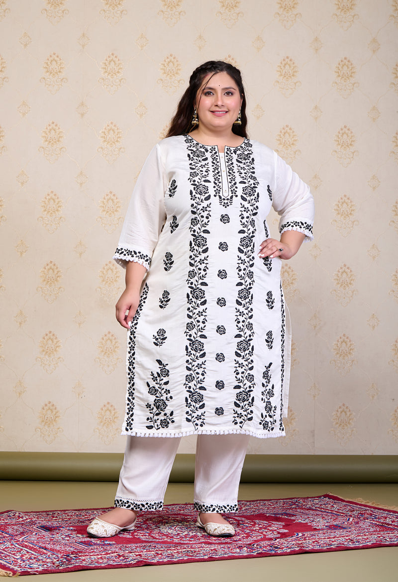 Plus Size White Embroidered Suit Set with Dupatta