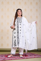 Plus Size White Embroidered Suit Set with Dupatta