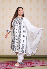 Plus Size White Embroidered Suit Set with Dupatta