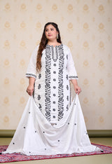 Plus Size White Embroidered Suit Set with Dupatta