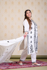 Plus Size White Embroidered Suit Set with Dupatta