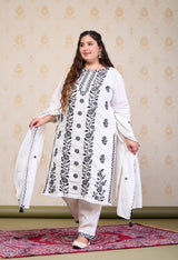 Plus Size White Embroidered Suit Set with Dupatta