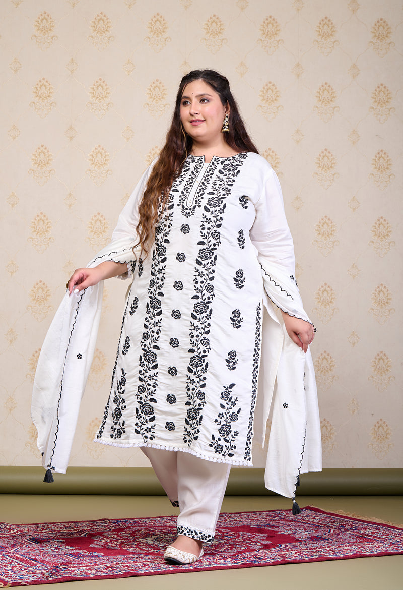 Plus Size White Embroidered Suit Set with Dupatta