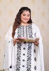 Plus Size White Embroidered Suit Set with Dupatta