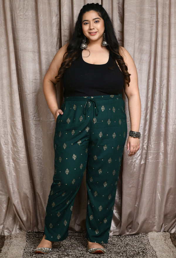 Plus Size Plus Size Gold Printed Bottle Green Pants