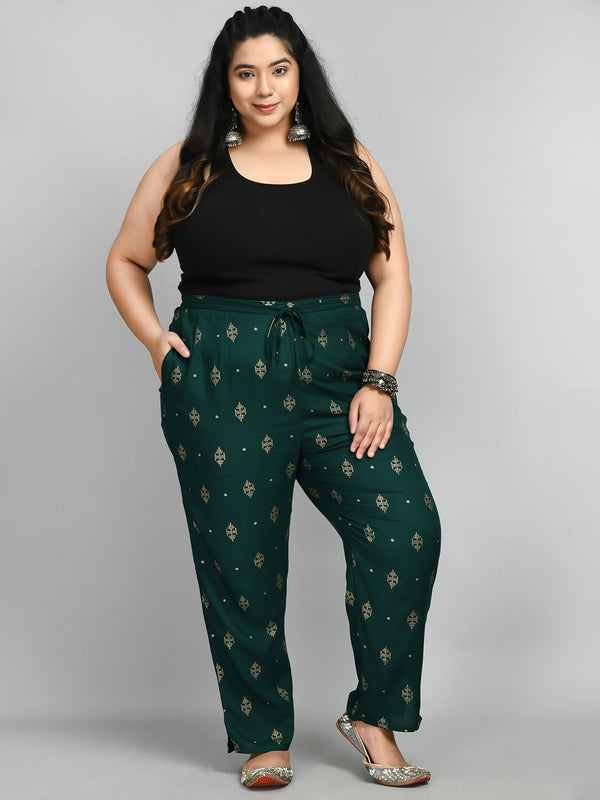 Plus Size Plus Size Gold Printed Bottle Green Pants