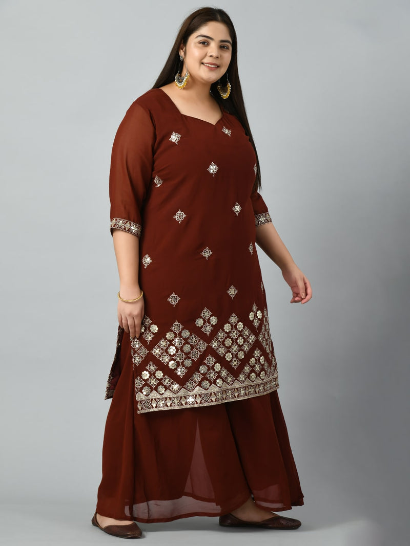 Plus Size Royal Rust Embroidered Sharara Set with Gorgeous Dupatta