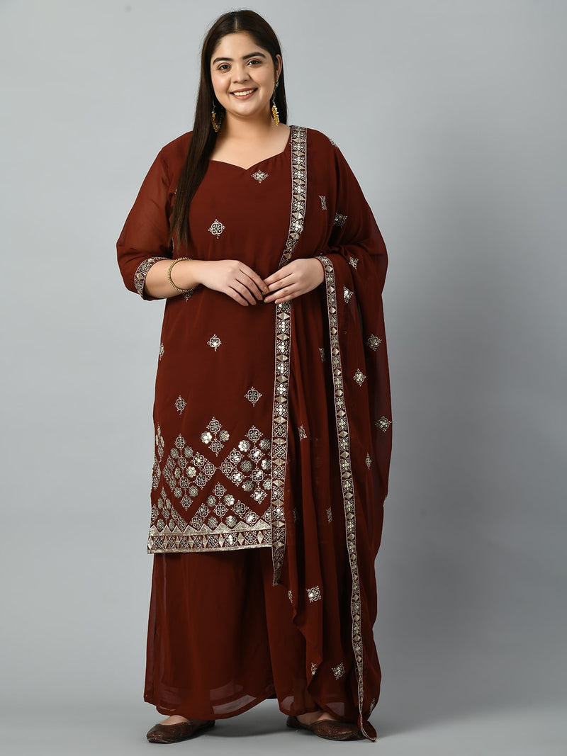 Plus Size Royal Rust Embroidered Sharara Set with Gorgeous Dupatta