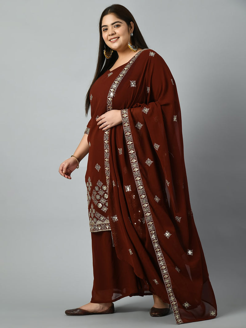 Plus Size Royal Rust Embroidered Sharara Set with Gorgeous Dupatta