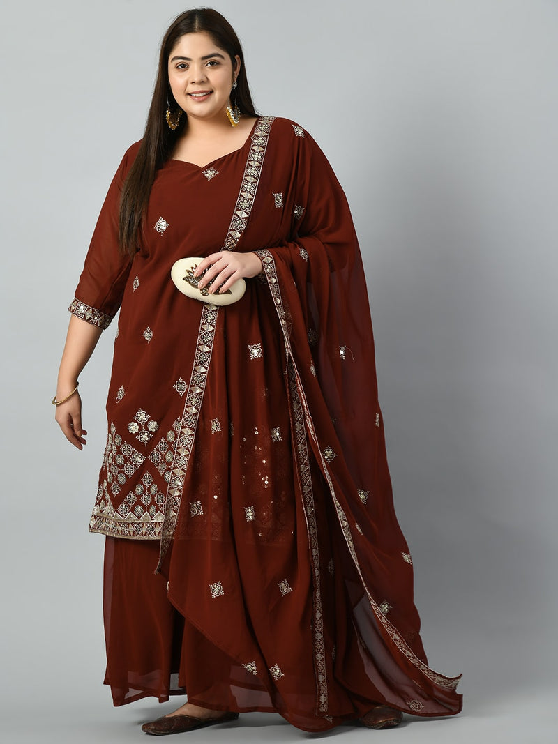 Plus Size Royal Rust Embroidered Sharara Set with Gorgeous Dupatta