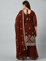 Plus Size Royal Rust Embroidered Sharara Set with Gorgeous Dupatta