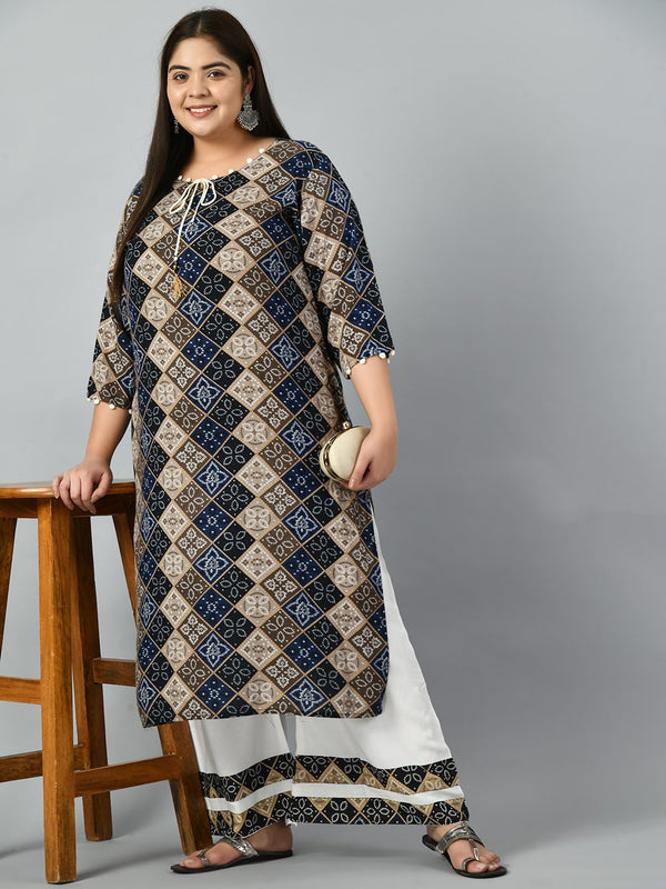 Plus Size Bandhani Print Kurta Palazzo Set