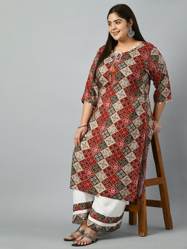 Plus Size Bandhani Printed Kurta Palazzo Set