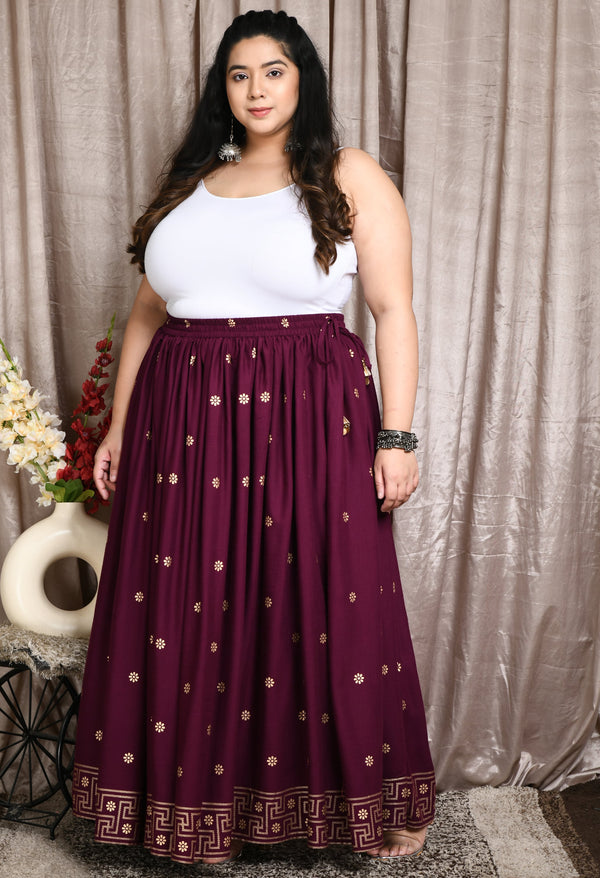 Plus Size Plus Size Wine Gold Printed Skirt