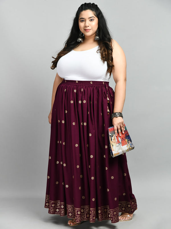 Plus Size Plus Size Wine Gold Printed Skirt