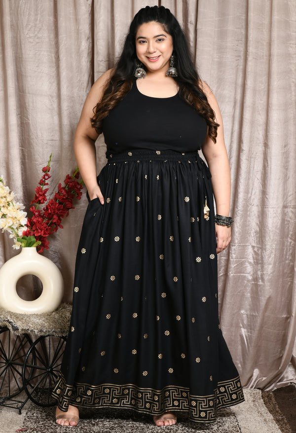 Plus Size Black Gold Printed Skirt