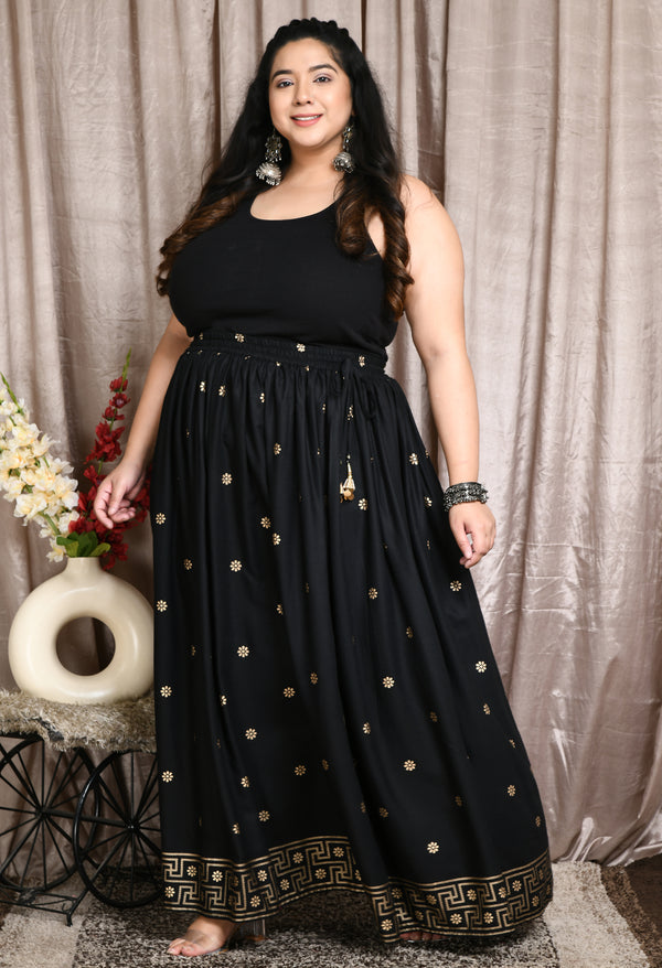 Plus Size Black Gold Printed Skirt