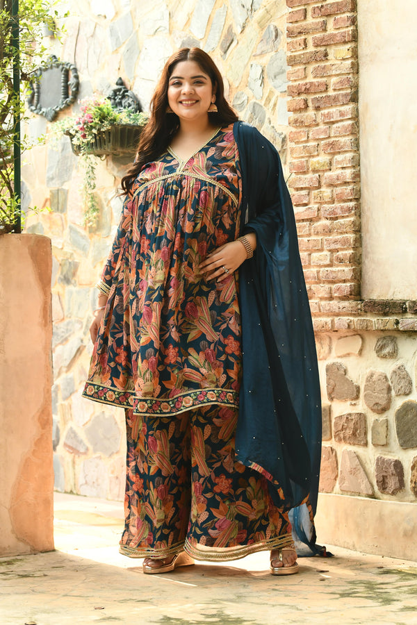 Plus Size Vintage Blue Alia Style Pure Chinon Sharara Set with Dupatta