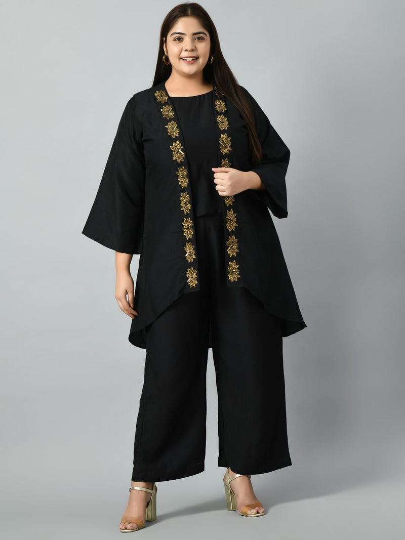 Plus Size Black Paradise Cutdana Three Piece Cape Co-ord Set