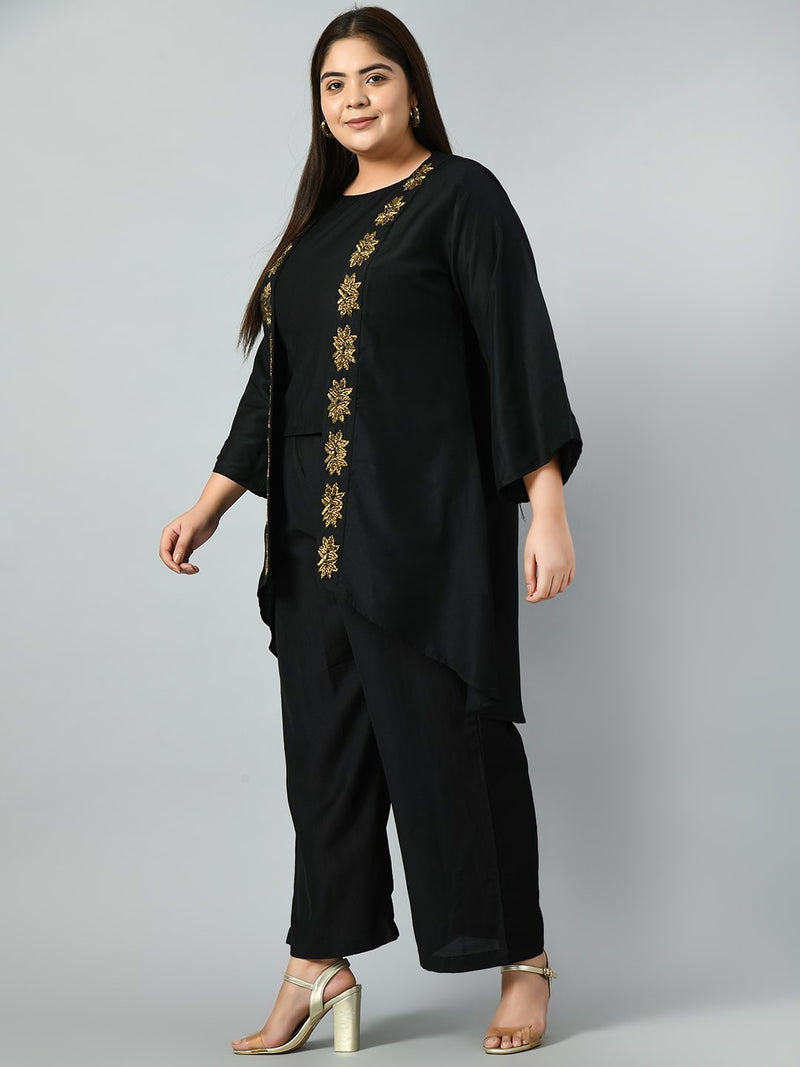 Plus Size Black Paradise Cutdana Three Piece Cape Co-ord Set