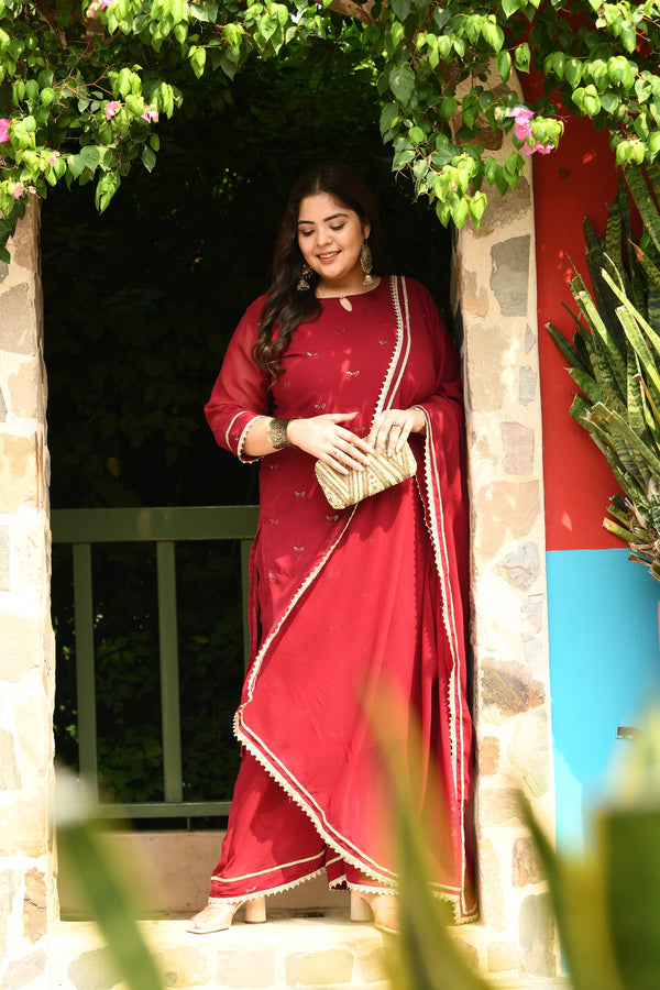 Plus Size Mystique Maroon Kurta Palazzo Set with Dupatta