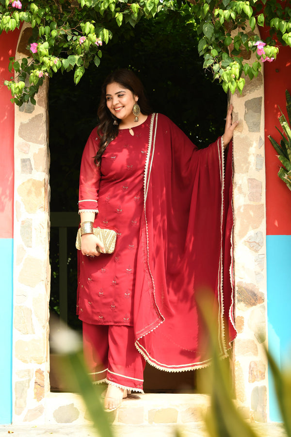 Plus Size Mystique Maroon Kurta Palazzo Set with Dupatta