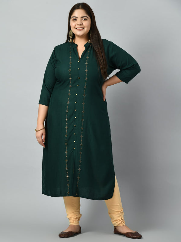 Plus Size Plus Size Bottle Green Embellished Kurta