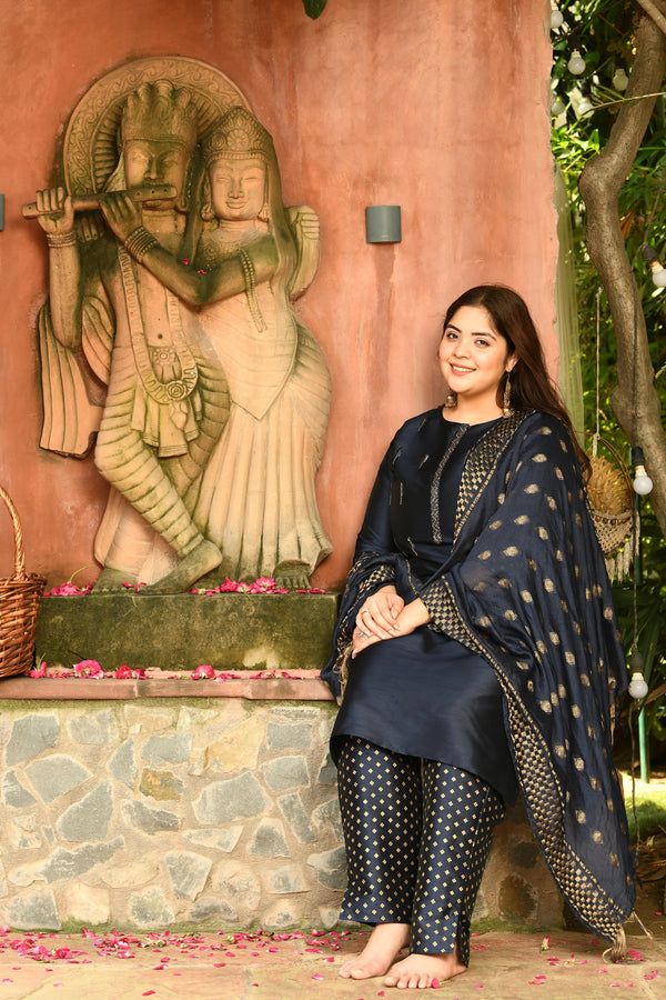 Plus Size Gorgeous Navy Zorba Kurta Pant Set with Dupatta