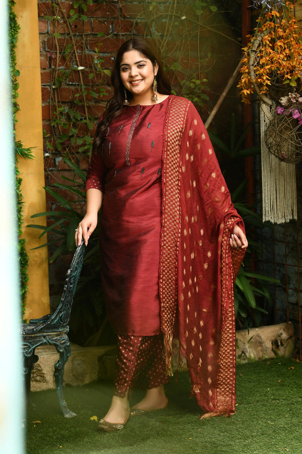 Plus Size Mystical Maroon Embellished Zorba Kurta Set with Dupatta