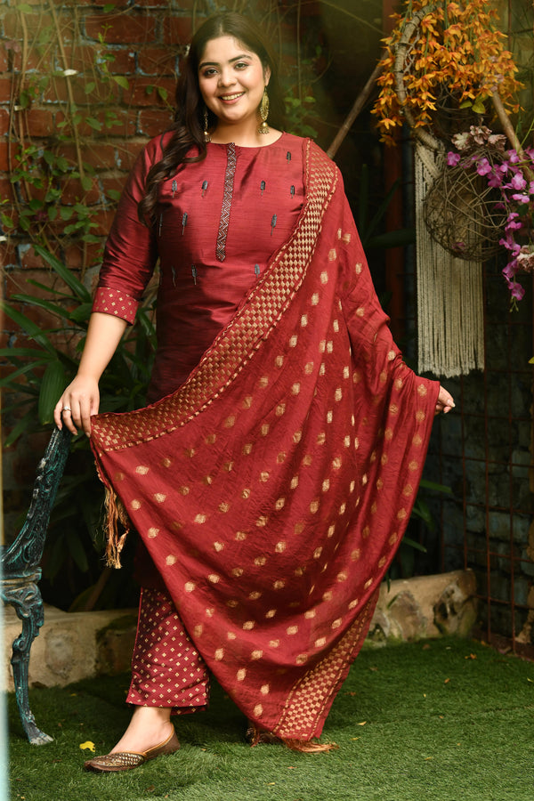 Plus Size Mystical Maroon Embellished Zorba Kurta Set with Dupatta