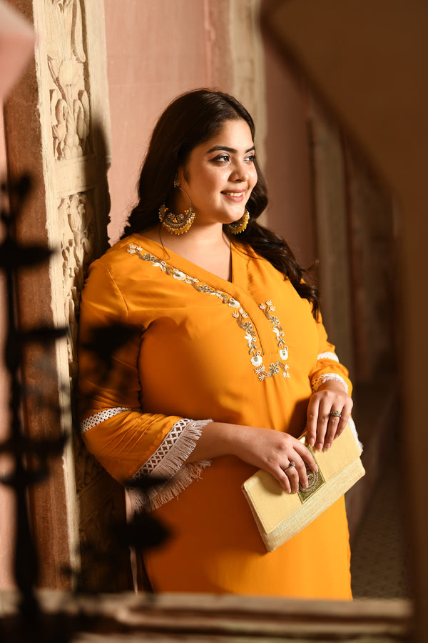 Plus Size Magical Mustard Pakistani Embellished Kurta Set