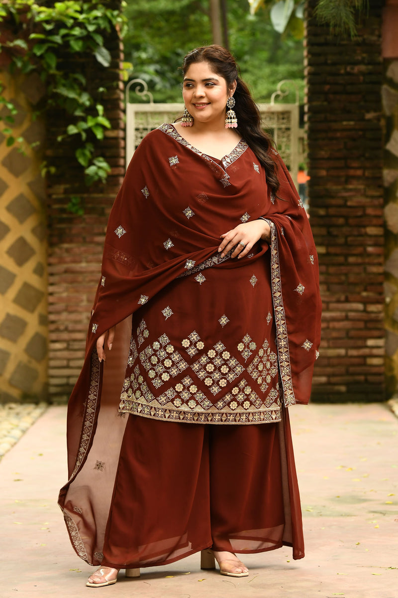 Plus Size Royal Rust Embroidered Sharara Set with Gorgeous Dupatta