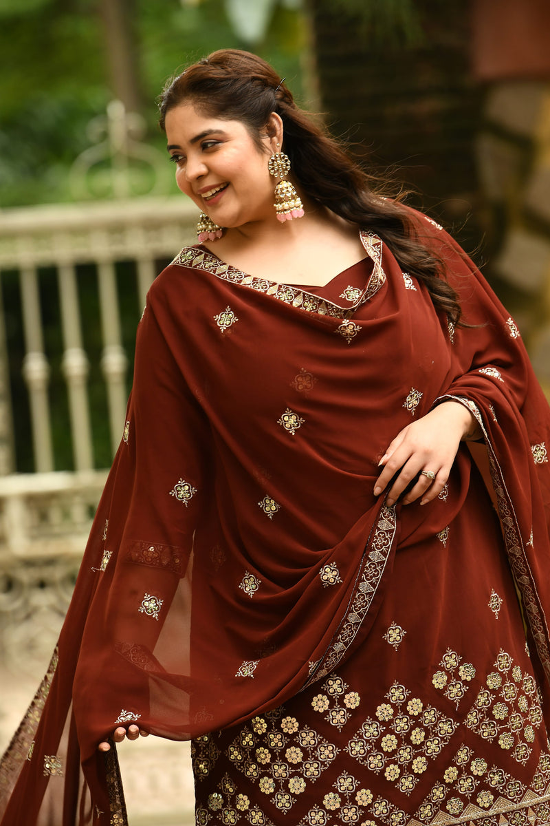 Plus Size Royal Rust Embroidered Sharara Set with Gorgeous Dupatta