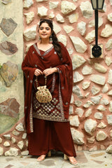 Plus Size Royal Rust Embroidered Sharara Set with Gorgeous Dupatta