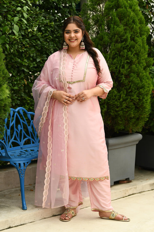 Plus Size Pretty Pink Zorba Silk Kurta Set with Dupatta