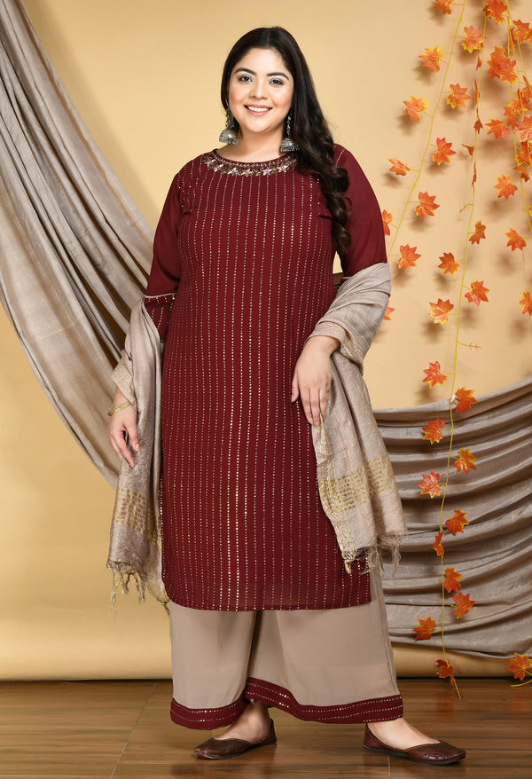 Plus Size Mukaish Embellished Maroon Kurta Set