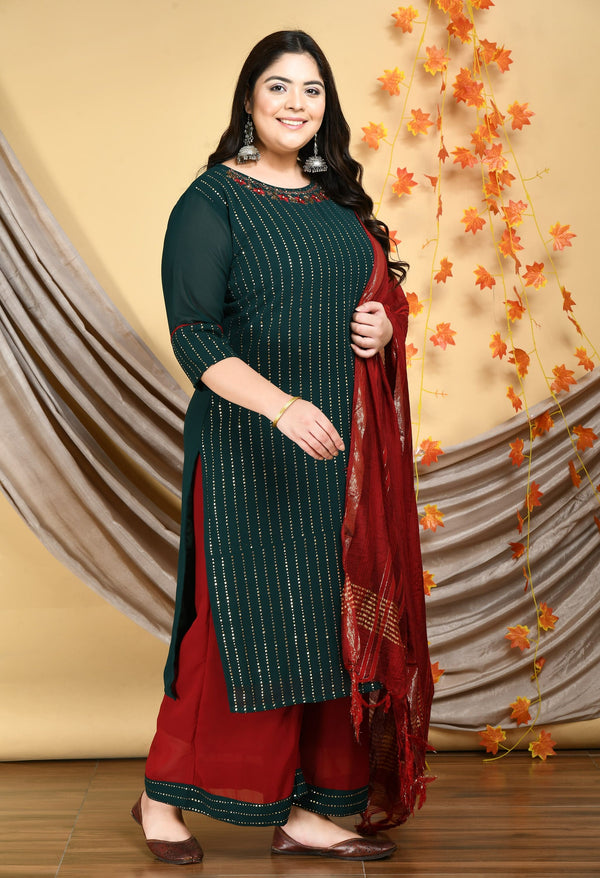 Plus Size Mukaish Embellished Bottle Green Kurta Set