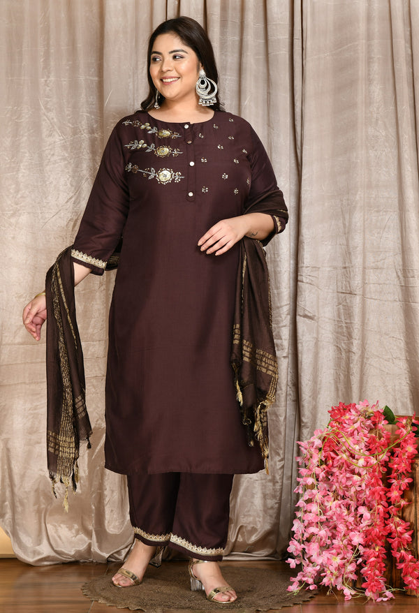 Plus Size Brown Coffee Three Sequin Kurta Set with Dupatta