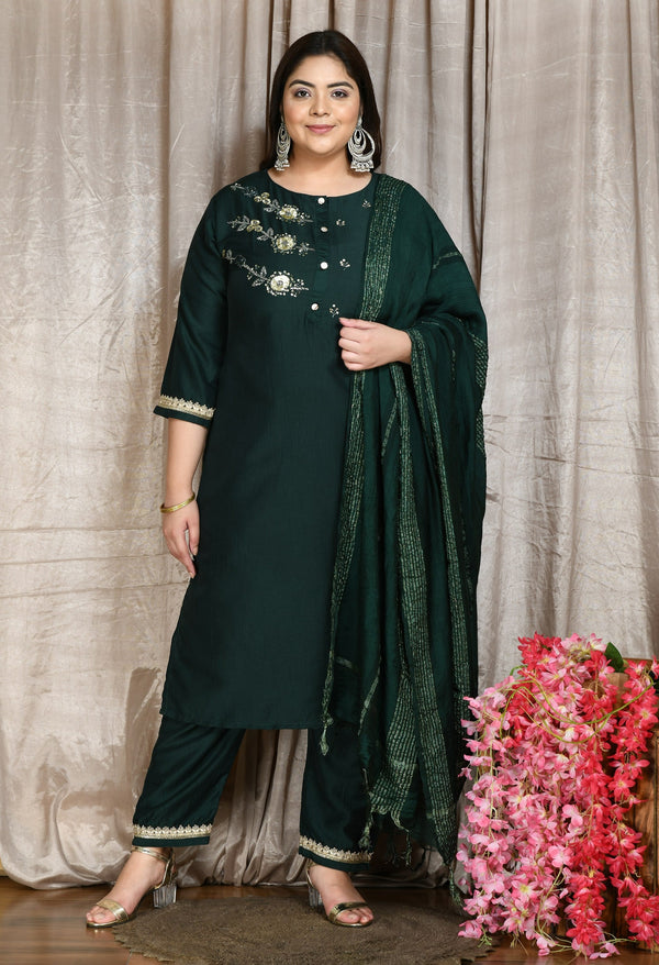 Plus Size Bottle Green Three Sequin Kurta Set