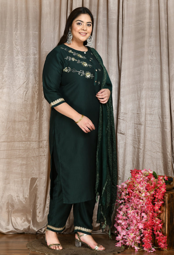 Plus Size Bottle Green Three Sequin Kurta Set