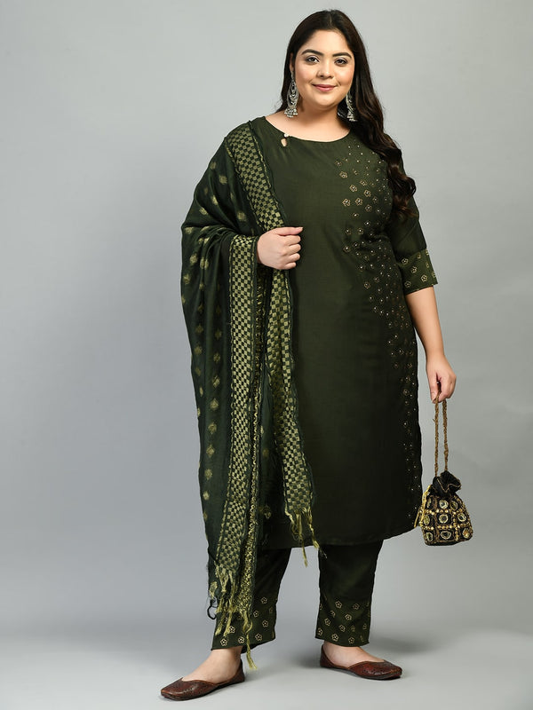 Plus Size Green Beads & Stones Kurta Set with Dupatta