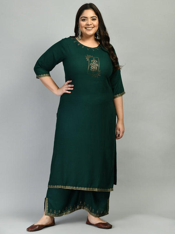 Plus Size Lavish Bottle Green Kurta Palazzo Set