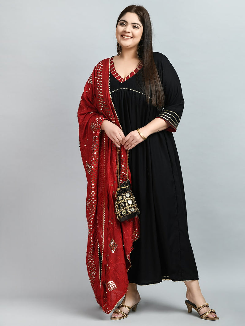 Plus Size Pitch Black Anarkali Kurta with Dupatta