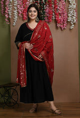 Plus Size Pitch Black Anarkali Kurta with Dupatta