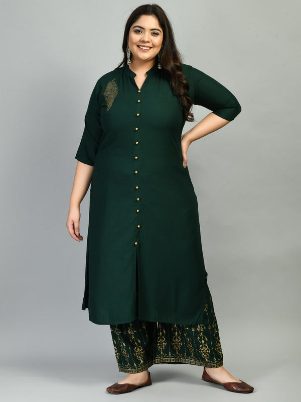 Plus Size Collared Bottle Green Kurta Palazzo Set