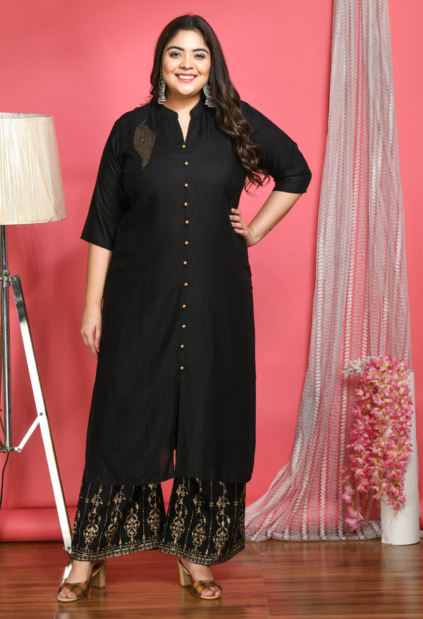 Plus Size Collared Black Kurta Palazzo Set