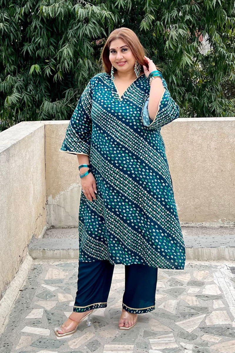 Plus Size Teal Blue Bandhani Printed Rayon Kurta Set