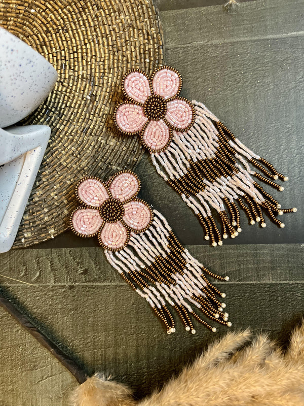 Plus Size Pink and Copper Flower Beaded Earrings