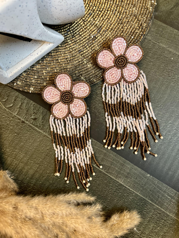 Plus Size Pink and Copper Flower Beaded Earrings