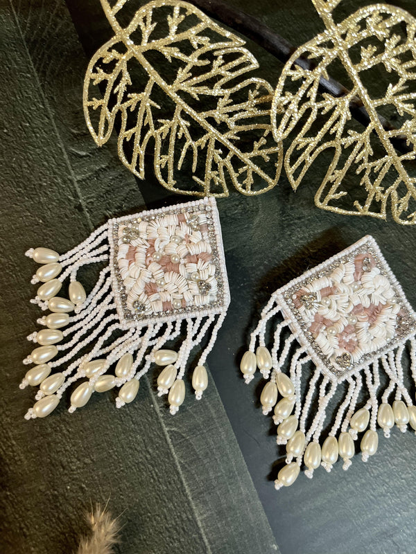 Plus Size Belle Sequence White Beaded Earrings